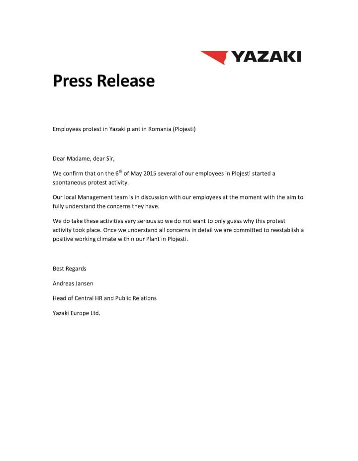 press release yazaki ploiesti