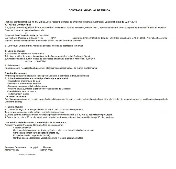 contract munca fals