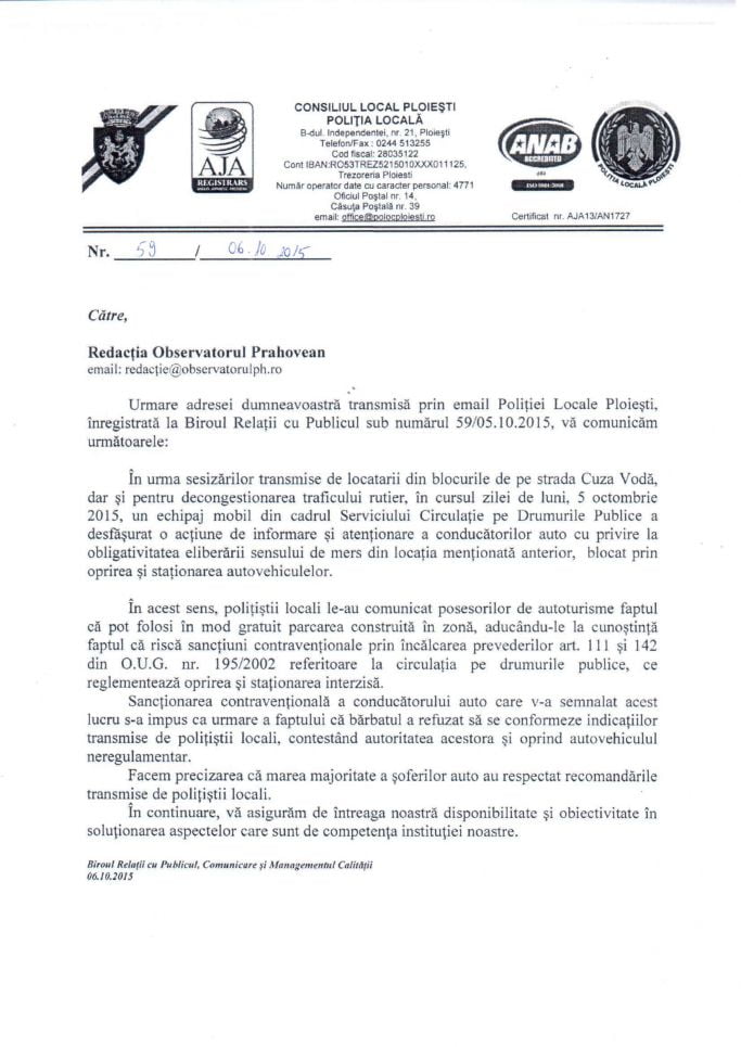 raspuns cuza voda parcare