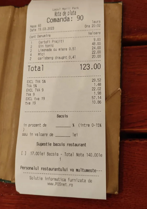 sugestie de bacsis pe nota de plată