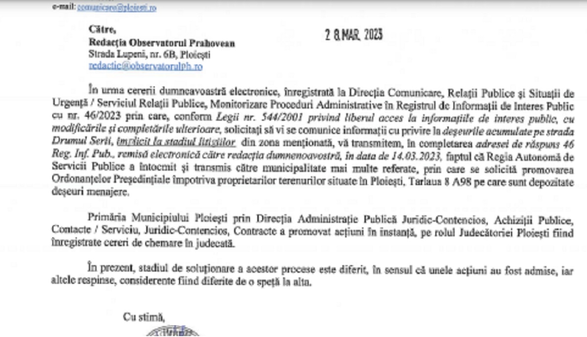 adresă Primăria Ploiești