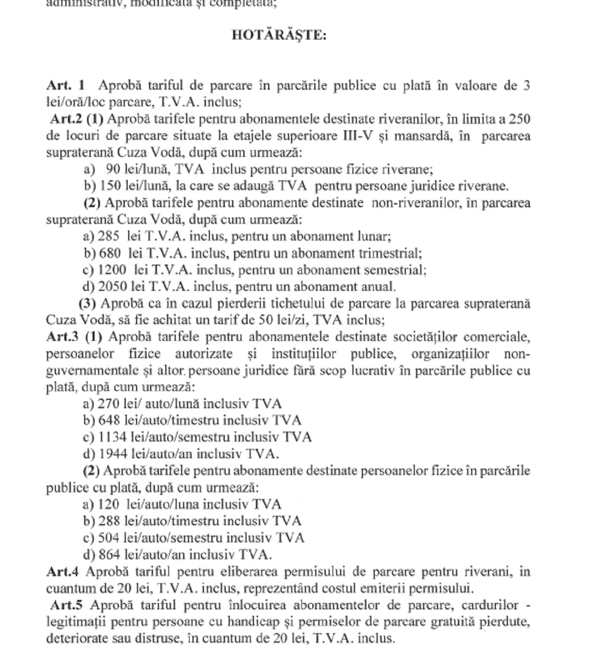 proiect hotarare majorare tarife parcare