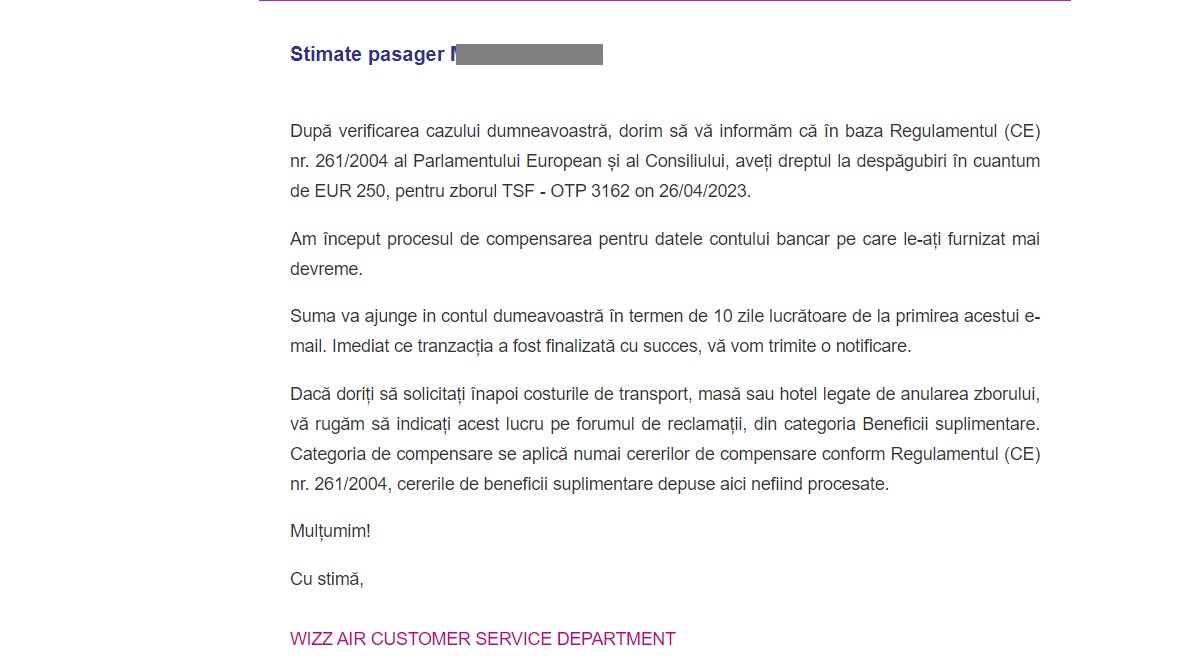mail wizzair aprobare despagubiri