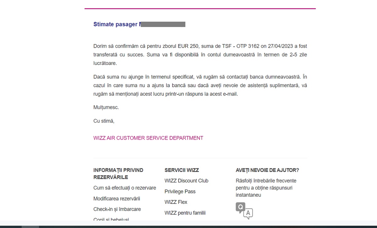 mail wizzair confirmare plata