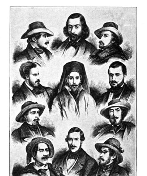 Fruntașii revoluției din Țara Românească la 1848. Reproducere după o gravură germană aflată în custodia Bibliotecii Academiei Române