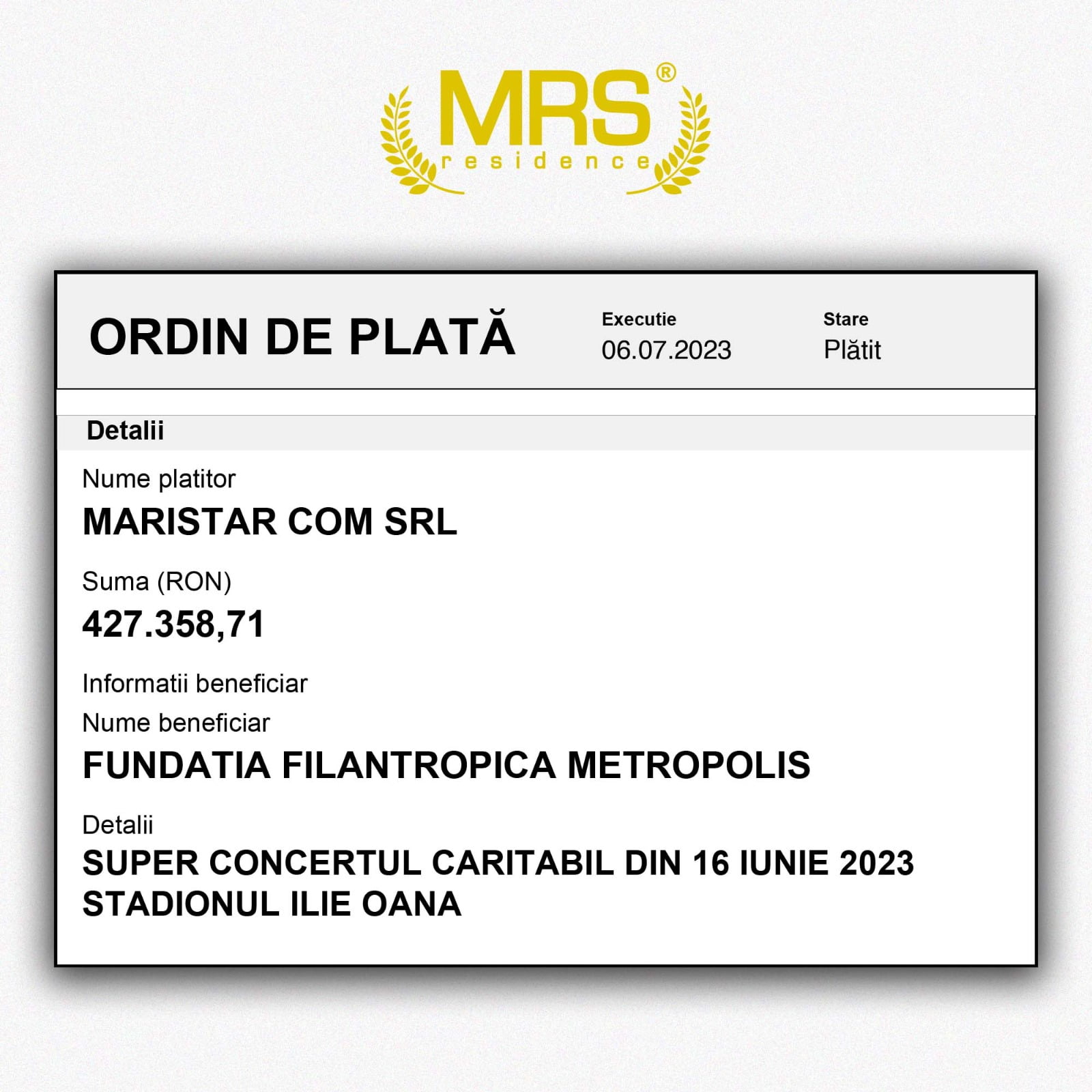 Suma virată în urma concertului caritabil de la Ploiești