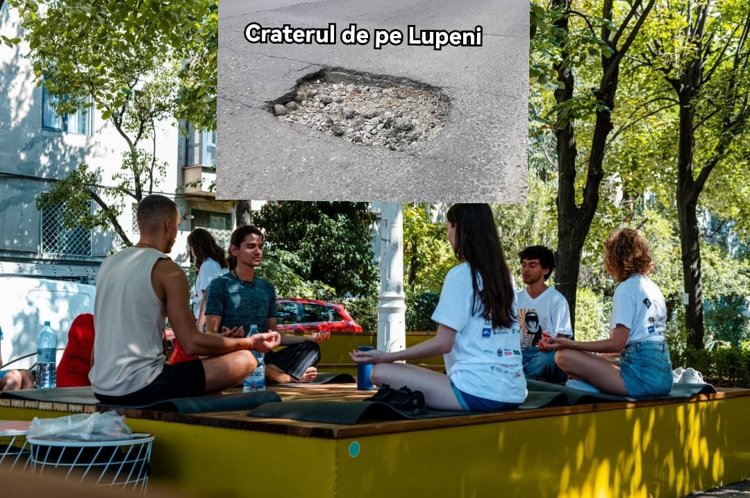 Tineri ploieșteni meditând la soluții budhiste de reparații stradale