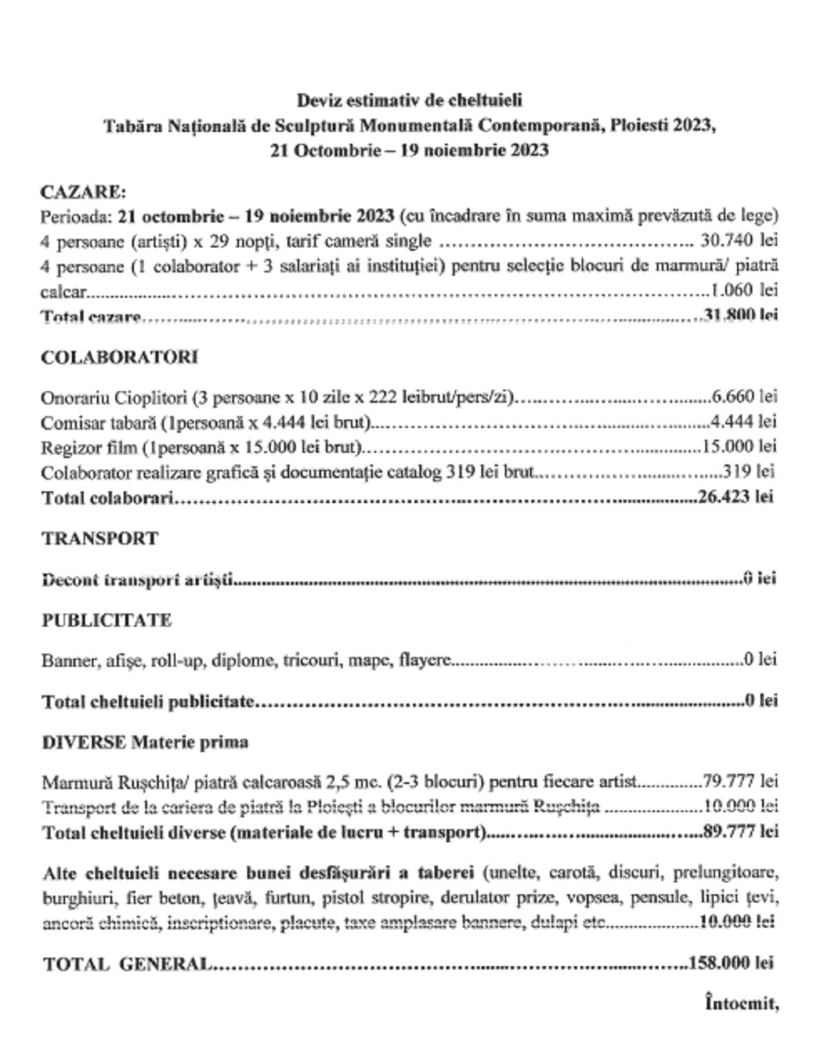 deviz estimativ cheltuieli tabara