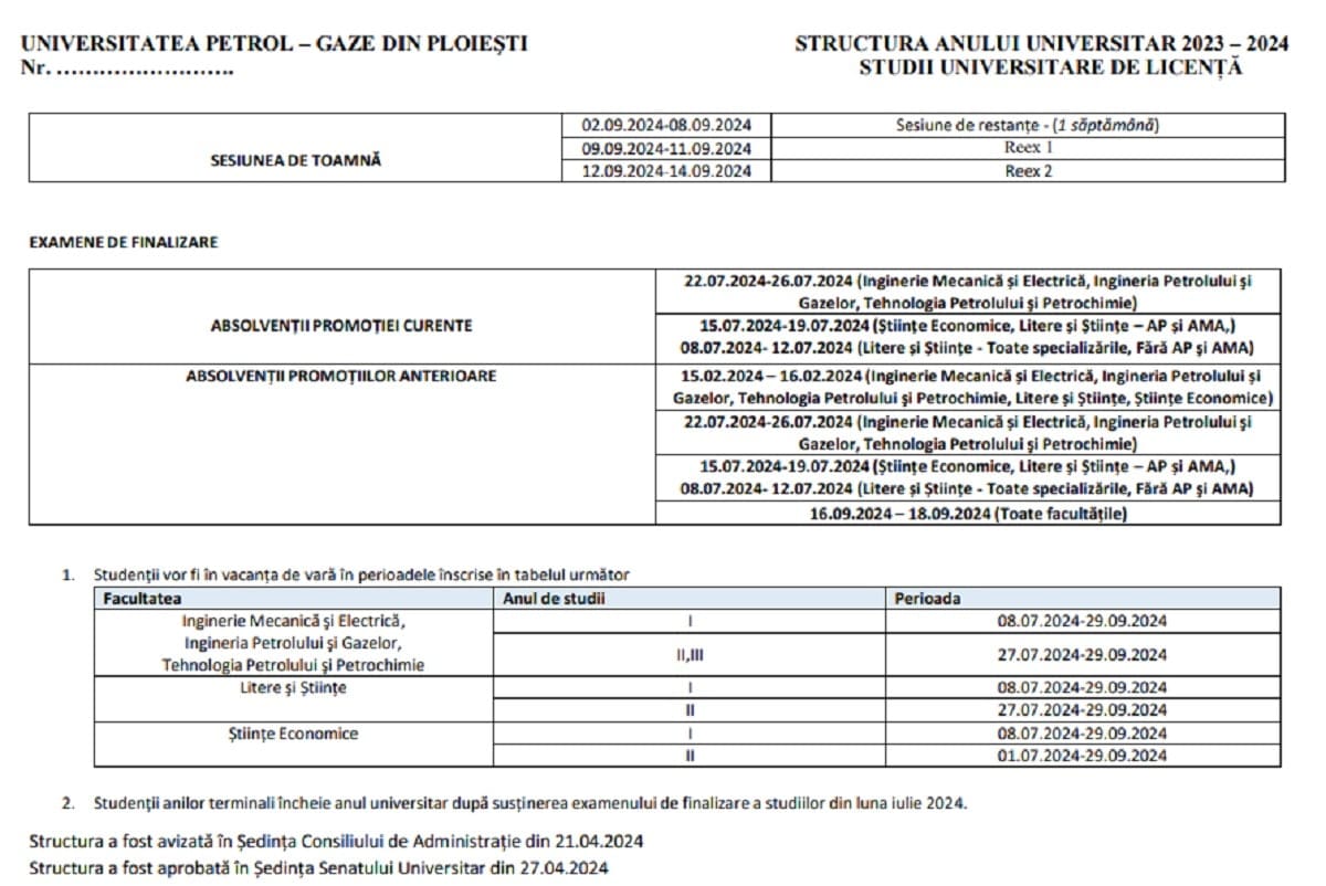 calendar vacante si examene