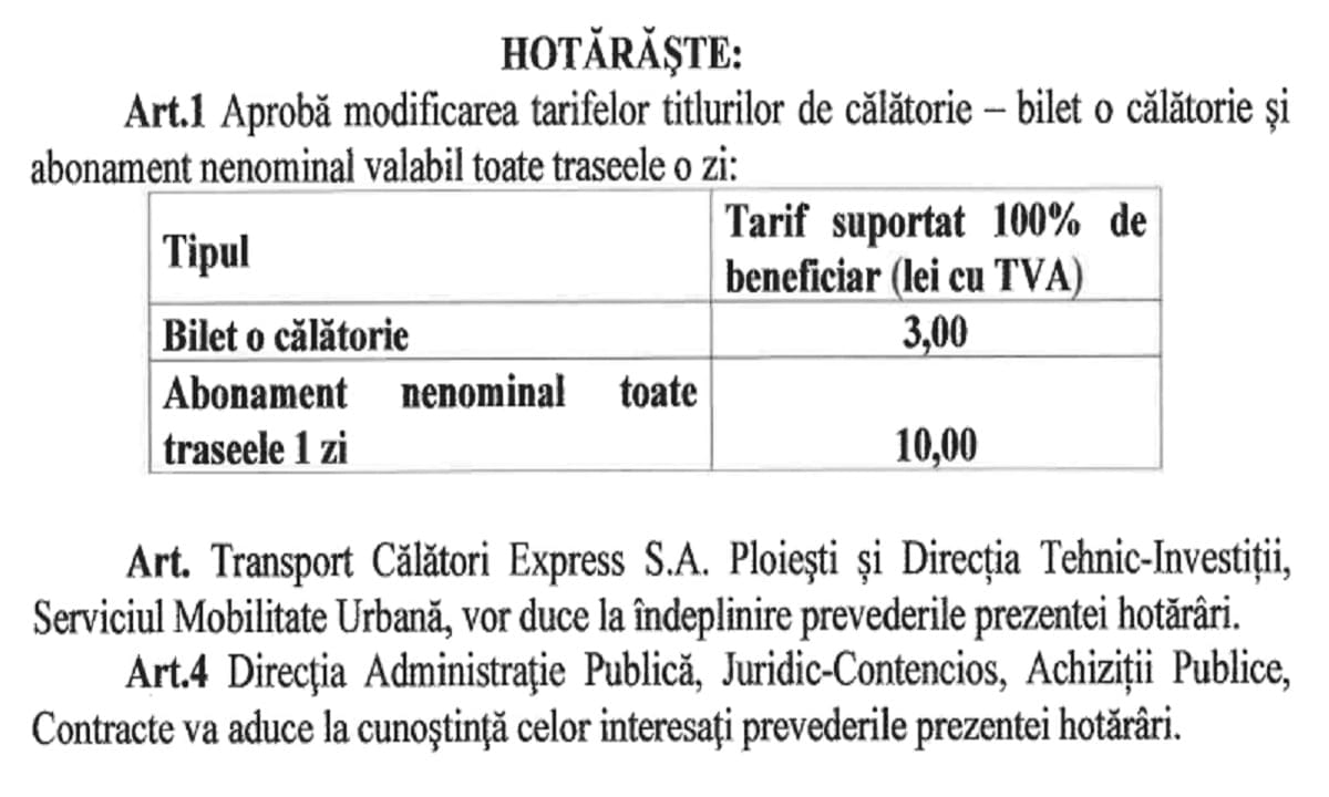 proiect hotarare costuri bilet TCE