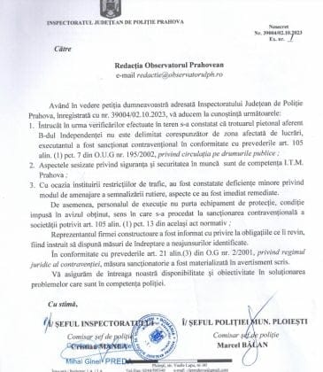 raspuns politie prahova firma amendata lucrari bulevard