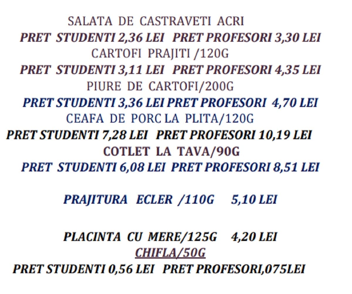tabel preturi cantina