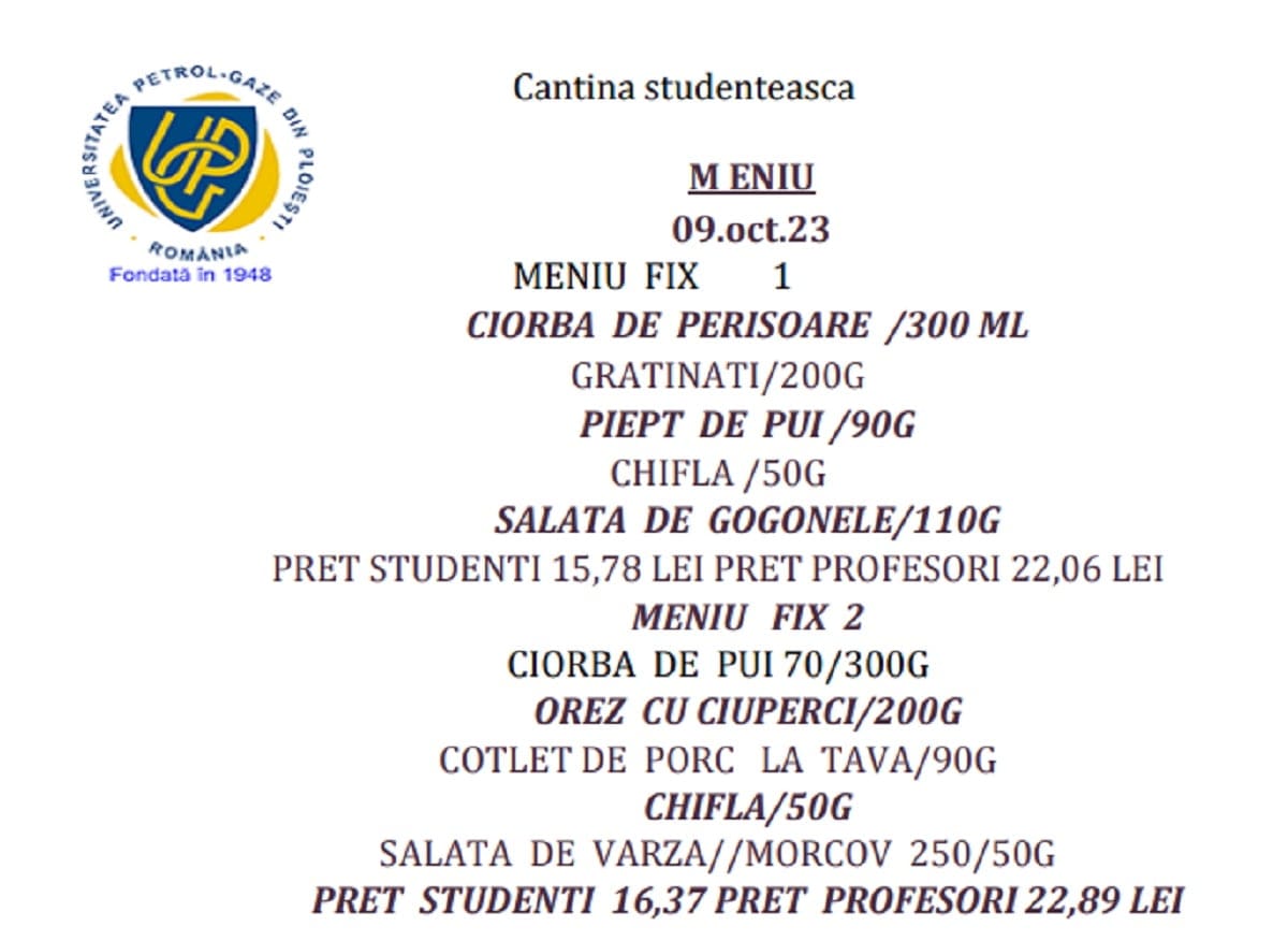 tabel prețuri mancare