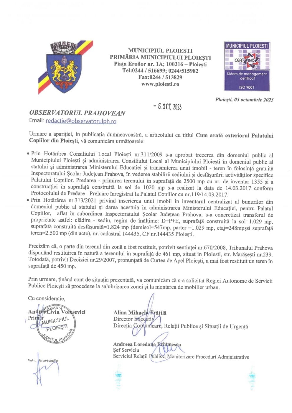 reactie palatul copiilor primarie ploiesti
