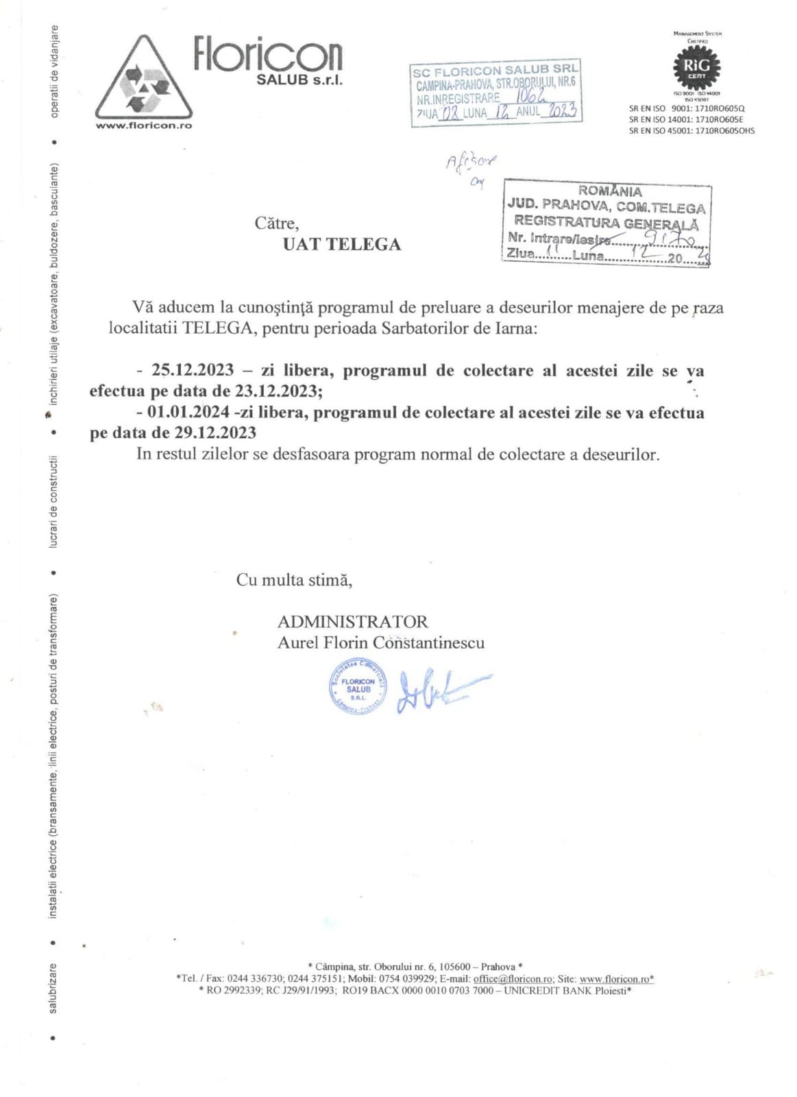 program ridicare gunoi sarbatori telega