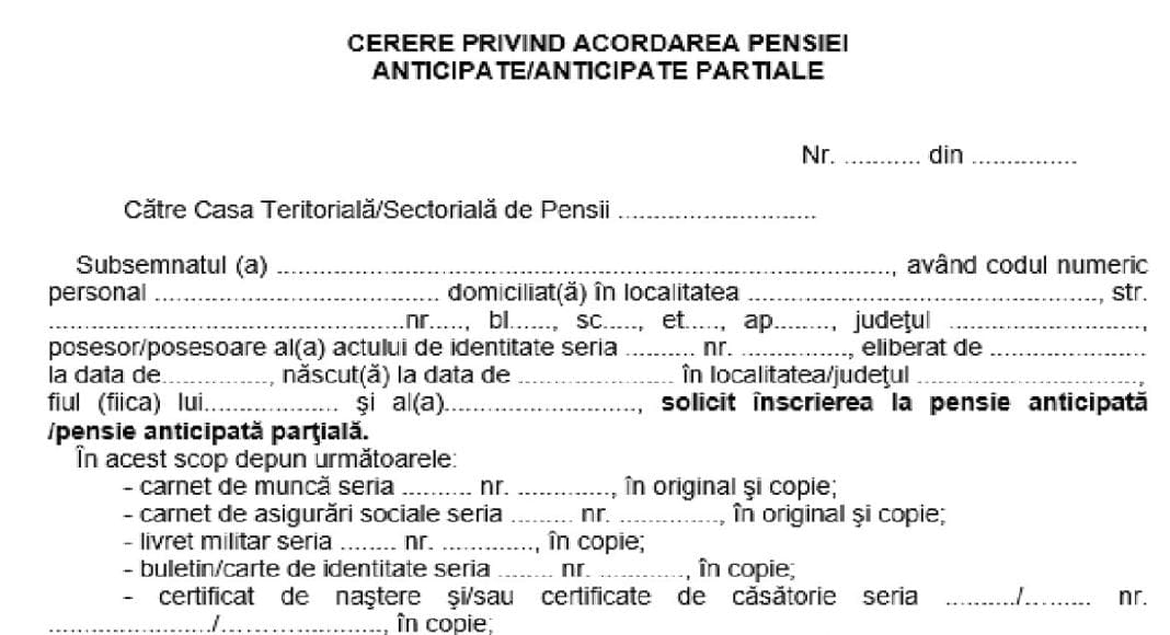 cerere tip pensie