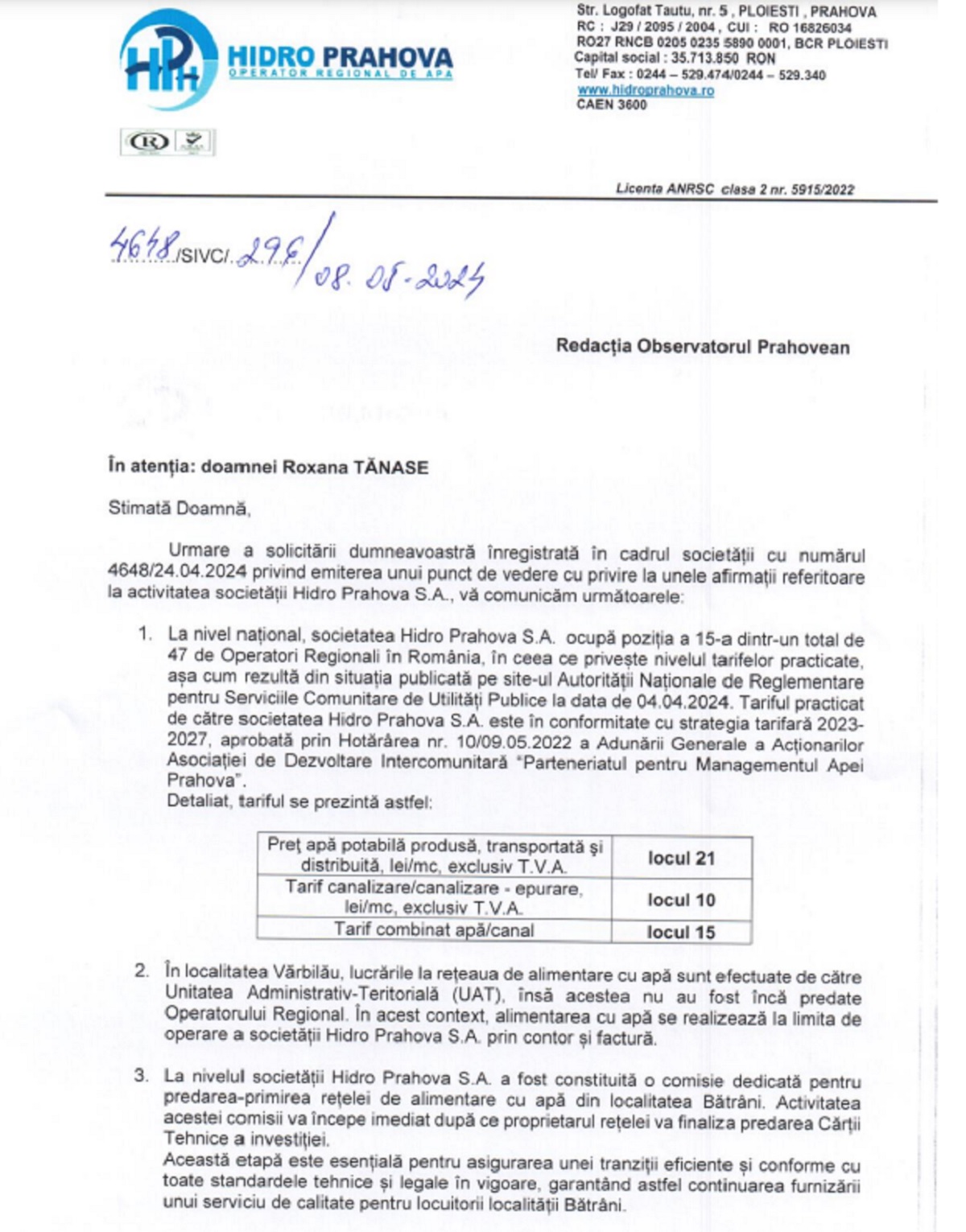 raspuns Hidro Prahova