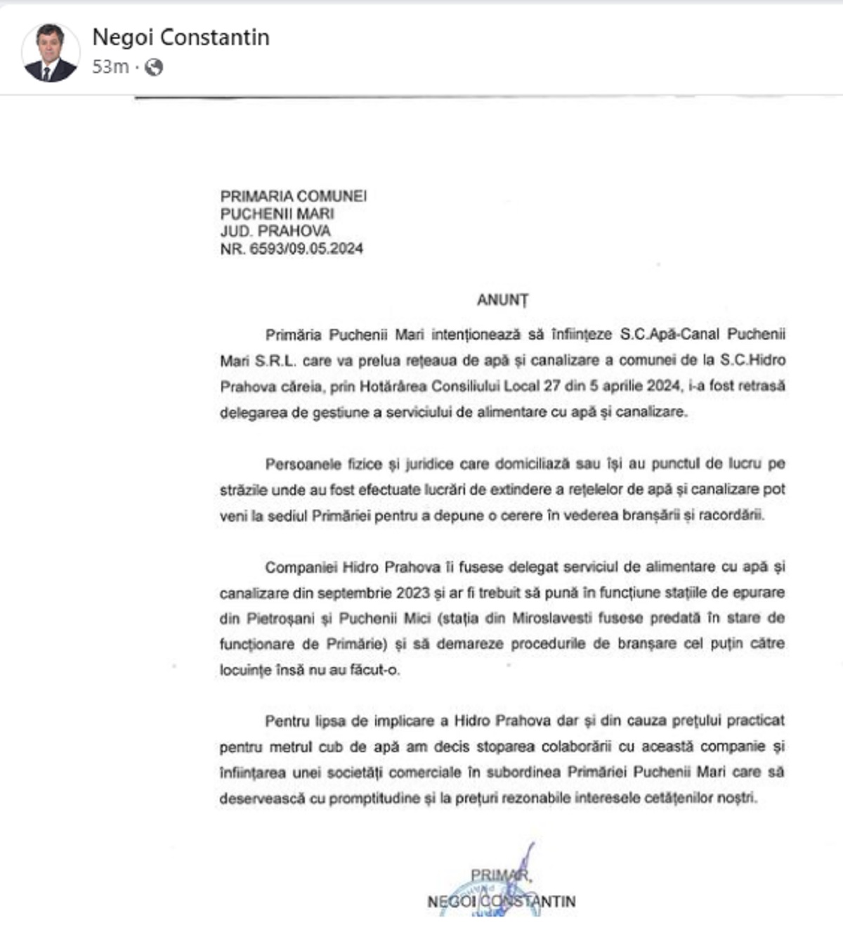 anunț Primăria Puchenii Mari