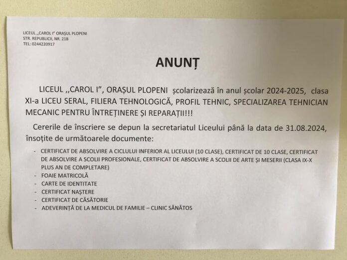 inscriere liceu carol I Plopeni