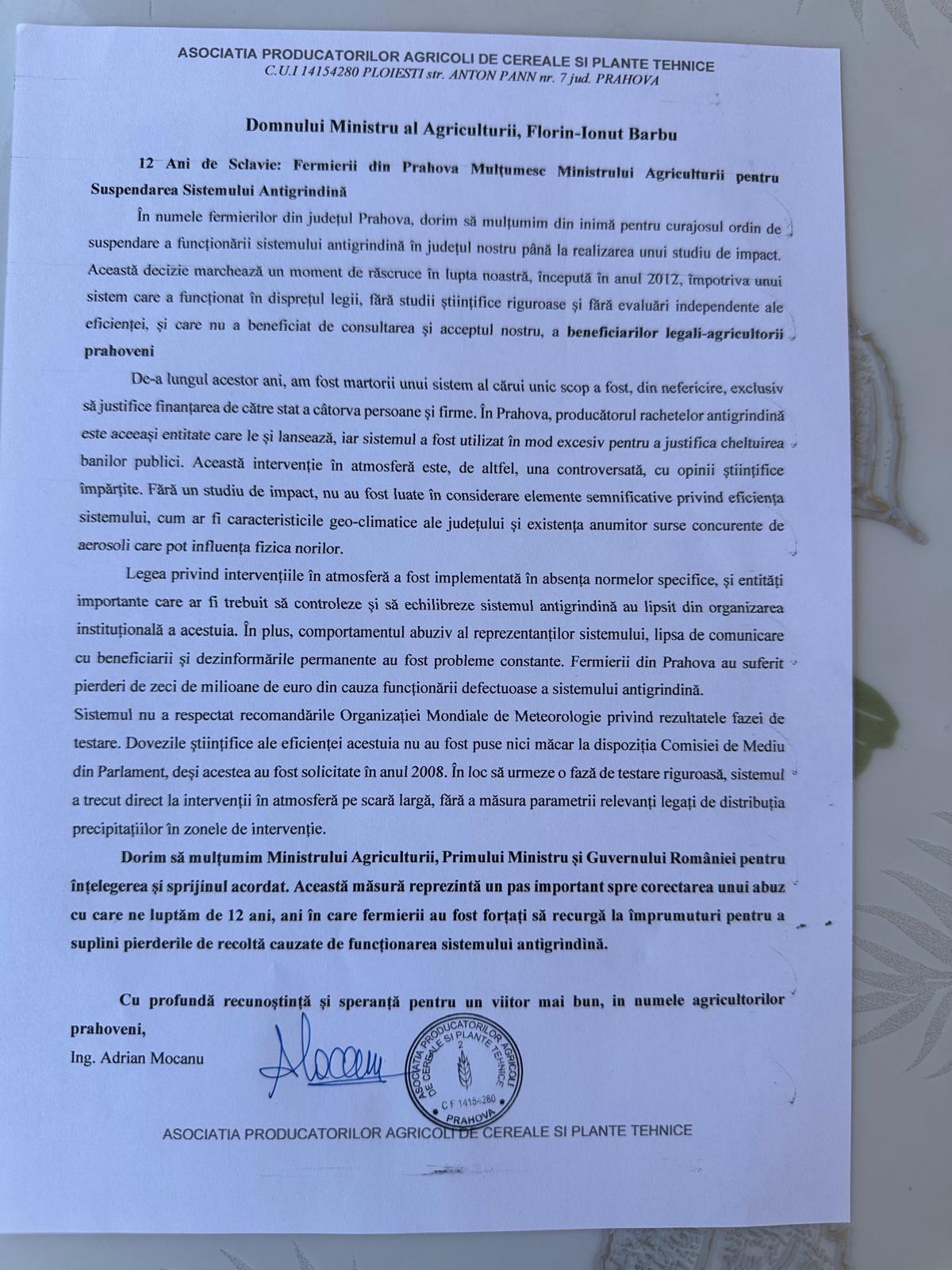 Scrisoarea de mulțumire a fermierilor prahoveni către ministrul Agriculturii pentru sistarea sistemului antigrindină în Prahova