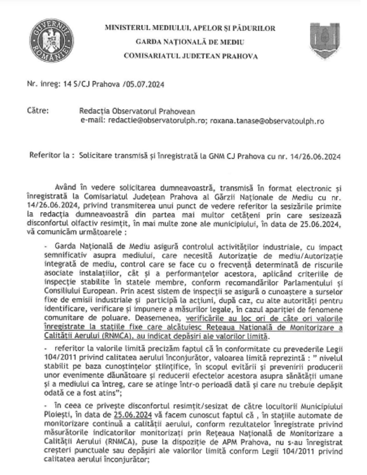 raspuns Comisariat Judetean Prahova