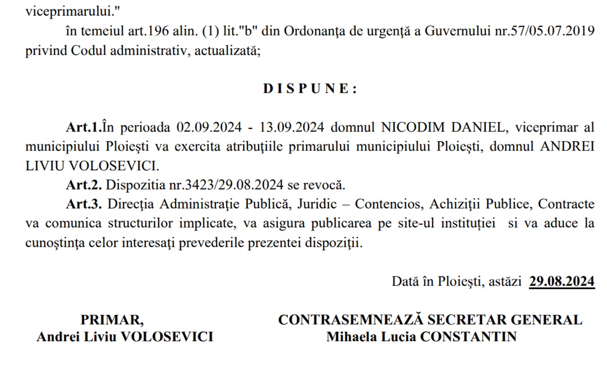 dispozitie Primar concediu