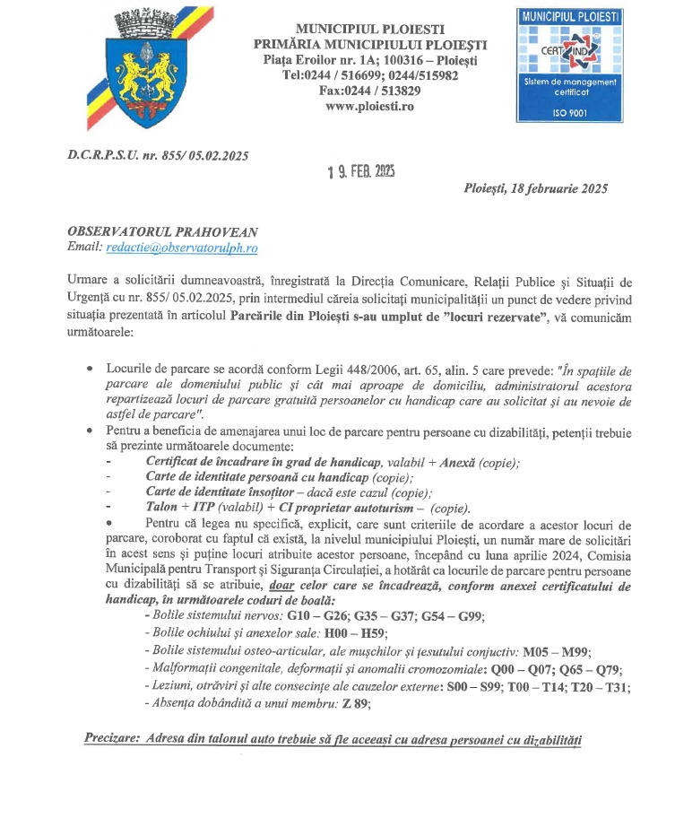 raspuns primarie rezervare locuri parcare handicap ploiesti