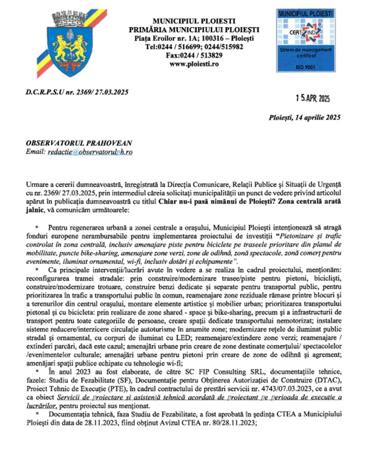 raspuns Primăria Ploiești