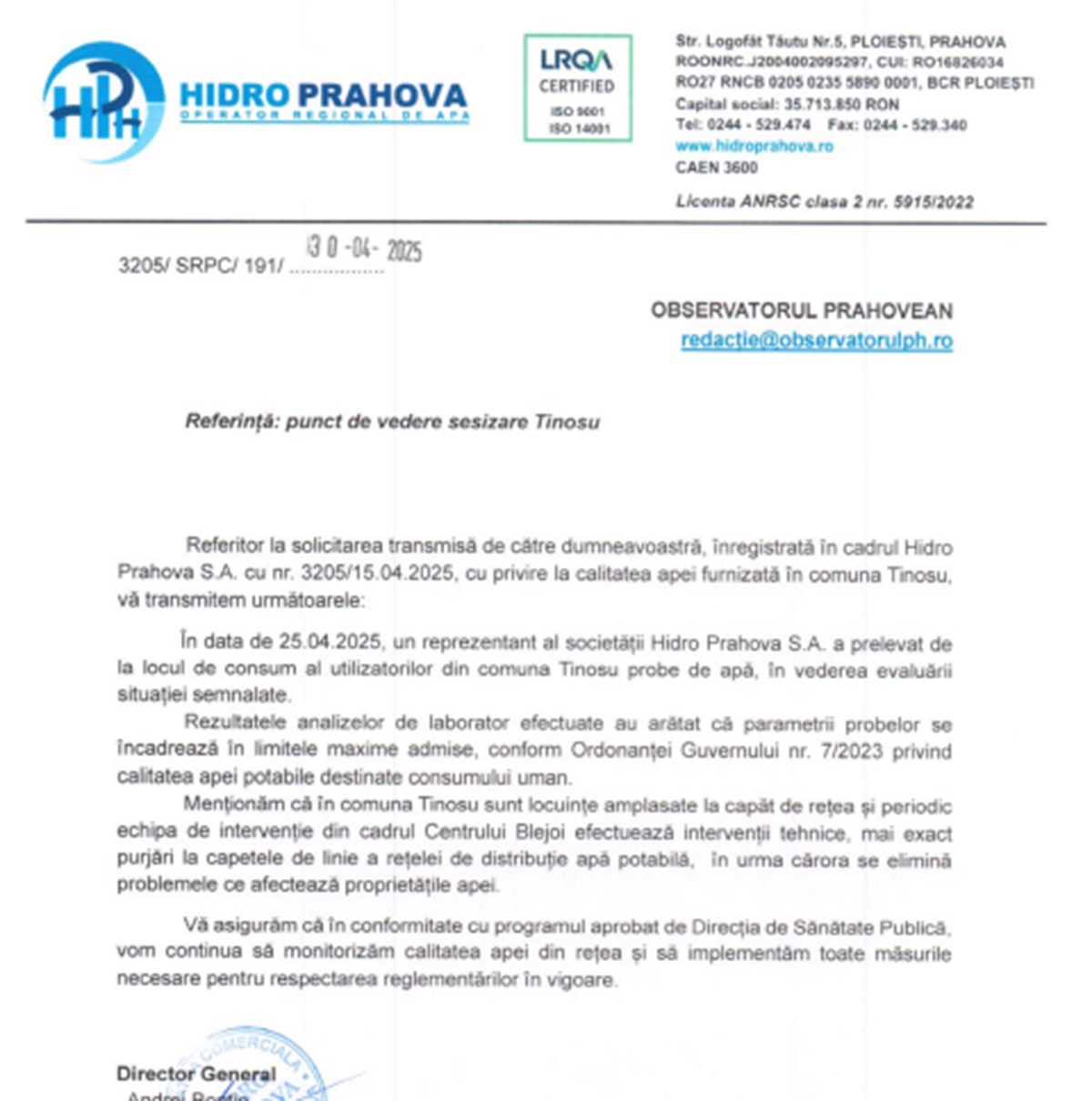 răspuns Hidro Prahova
