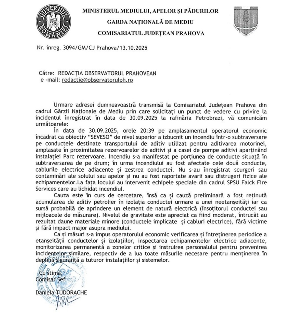 raspuns incendiu petrobrazi