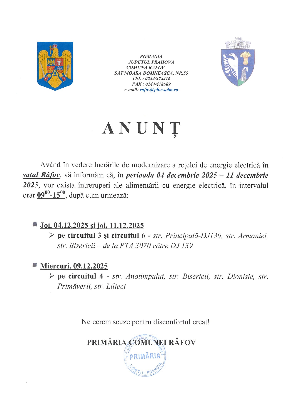 anunț Primăria Râfov