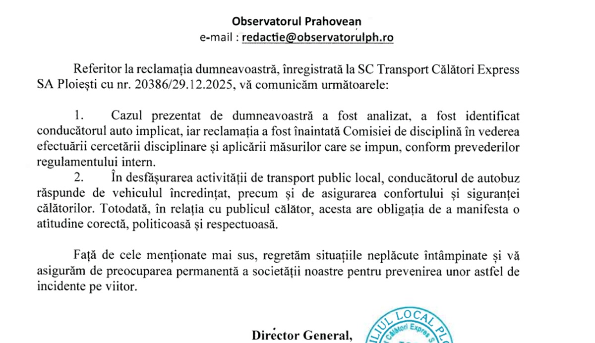 răspuns TCE Ploiești sesizare