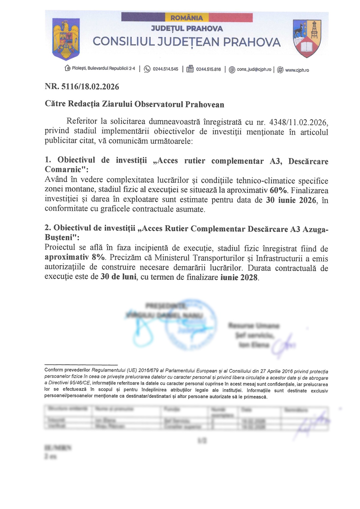 raspuns cj prahova finalizare centuri comarnic azuga busteni