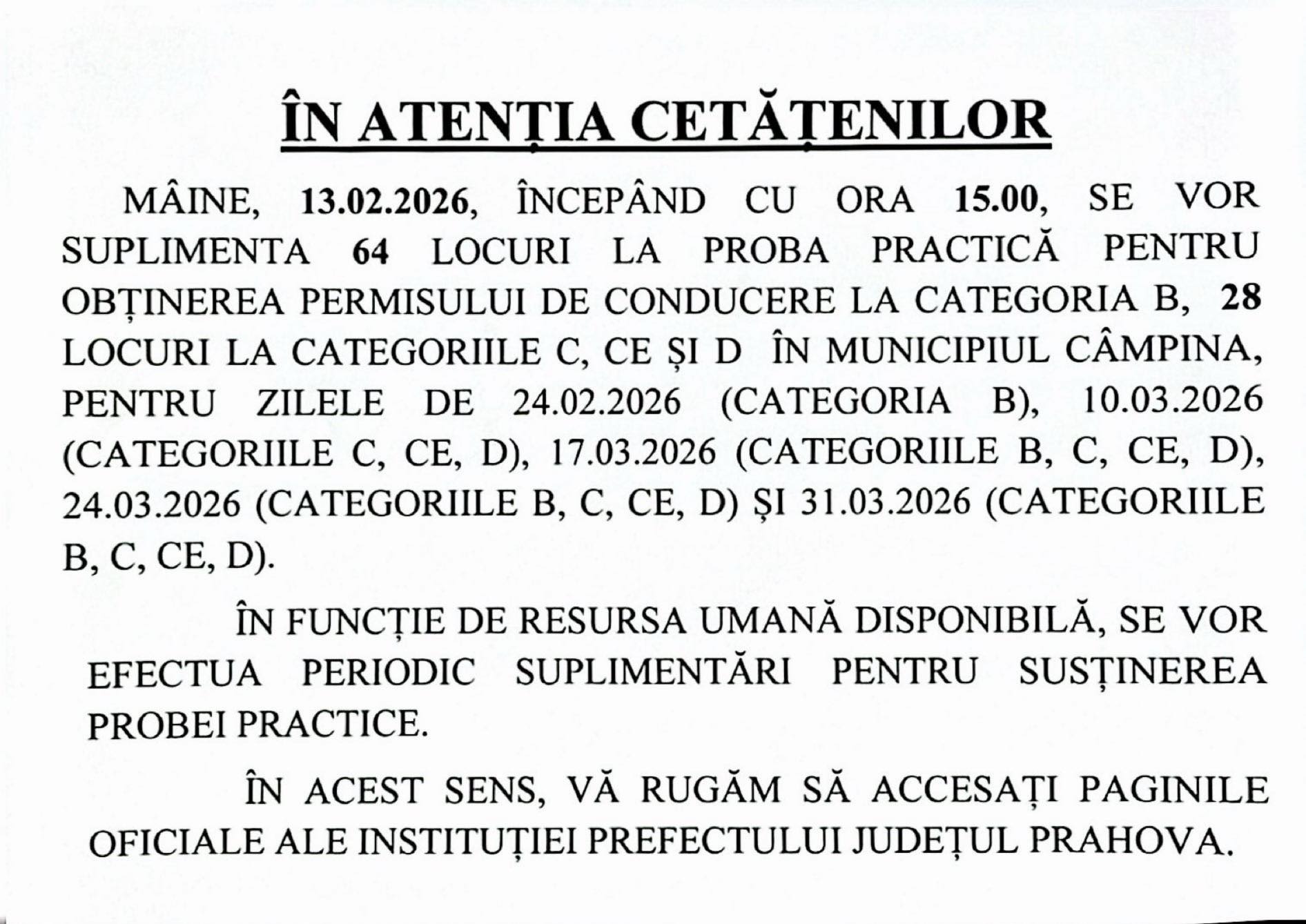 locuri suplimentate campina