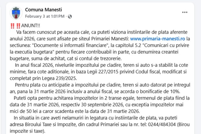 manesti impozite 2026