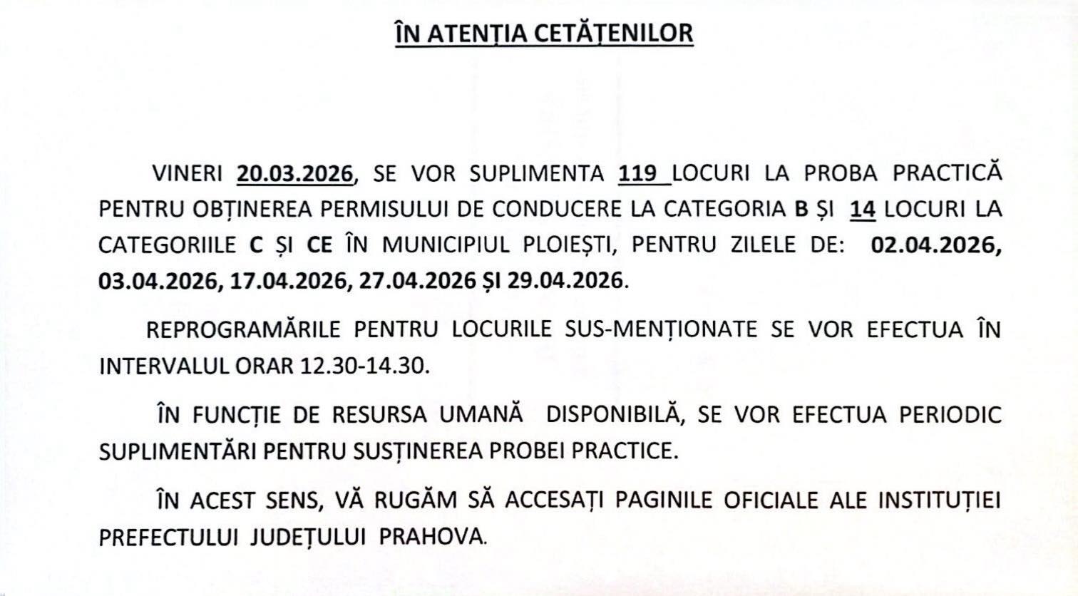 locuri suplimentare examen auto